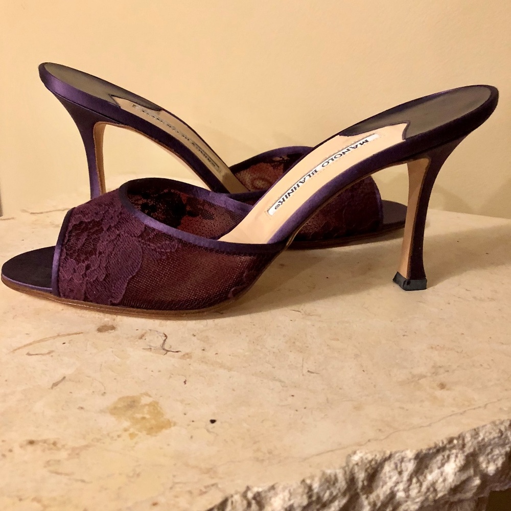 NIB MANOLO BLAHNIK LACE & SATIN PURPLE SLIDE 9